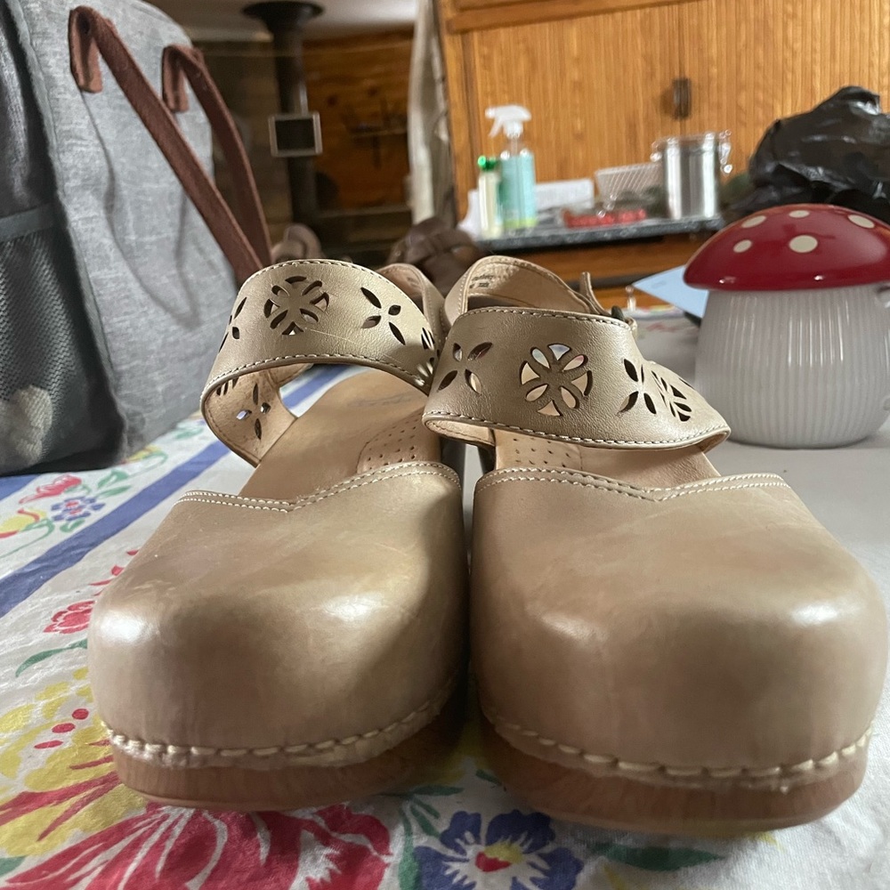 Dansko sling back clog in taupe leather with floral cutouts. - Picture 3 of 4